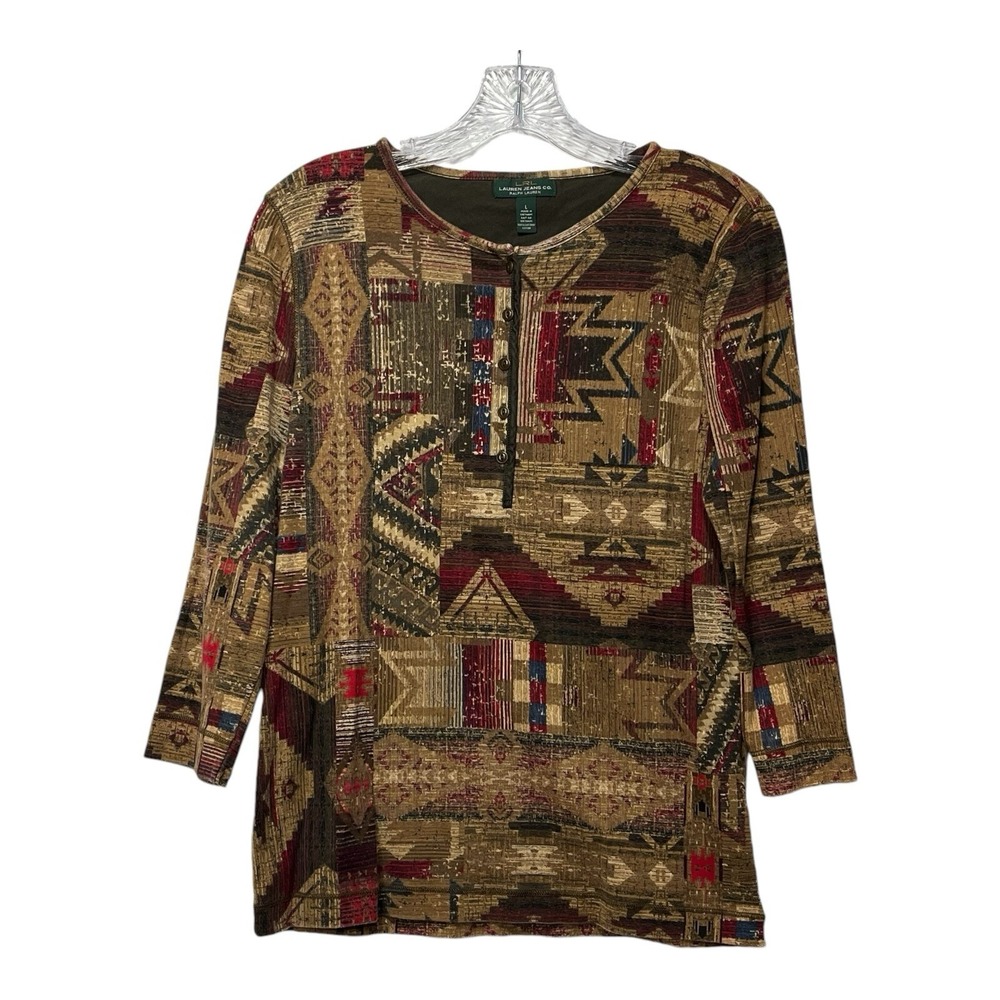 Lauren Jeans Co Ralph Lauren Southwestern Print Long Sleeve Henley Top Women's L